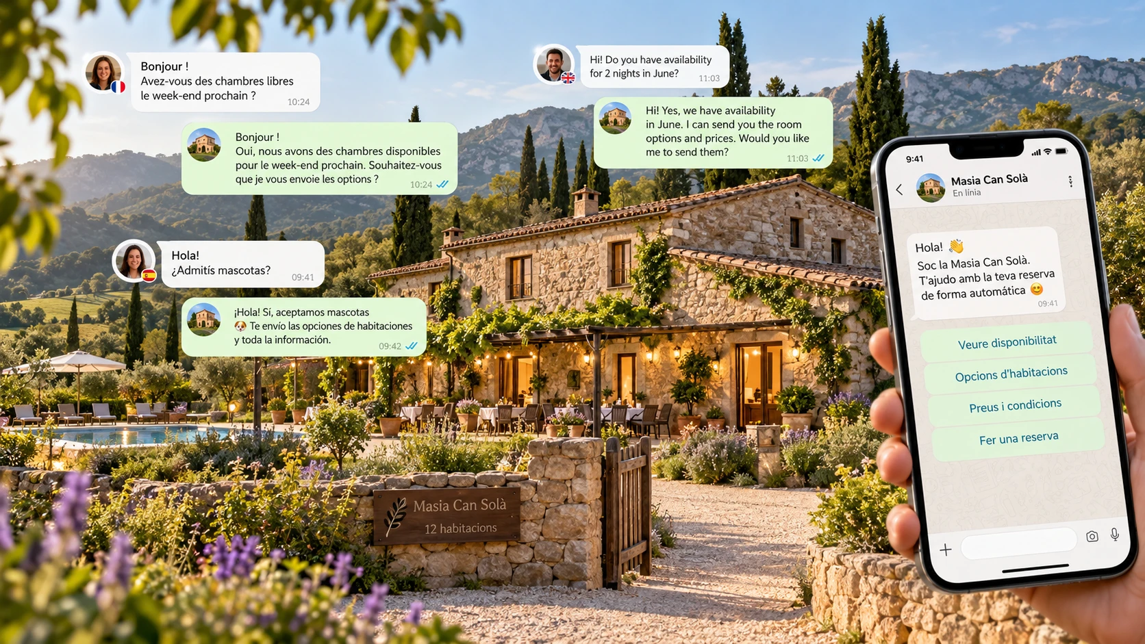 Assistent de WhatsApp d'un allotjament rural gestionant reserves en diversos idiomes